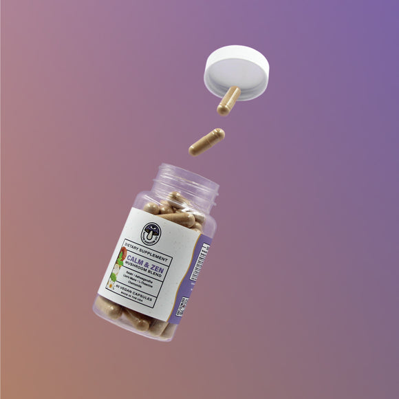 Satori Shroom Co. Calm and Zen Mushroom Blend Capsules Floating Image With Gradient Purple Color Background
