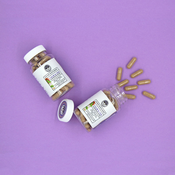 Open bottle of Calm & Zen capsules