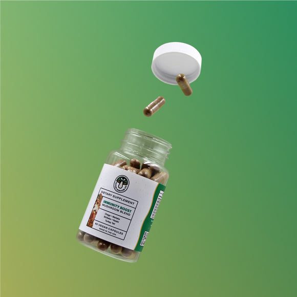 Satori Shroom Co. Immunity Boost Mushroom Blend Capsules Floating Image With Green Color Gradient Background